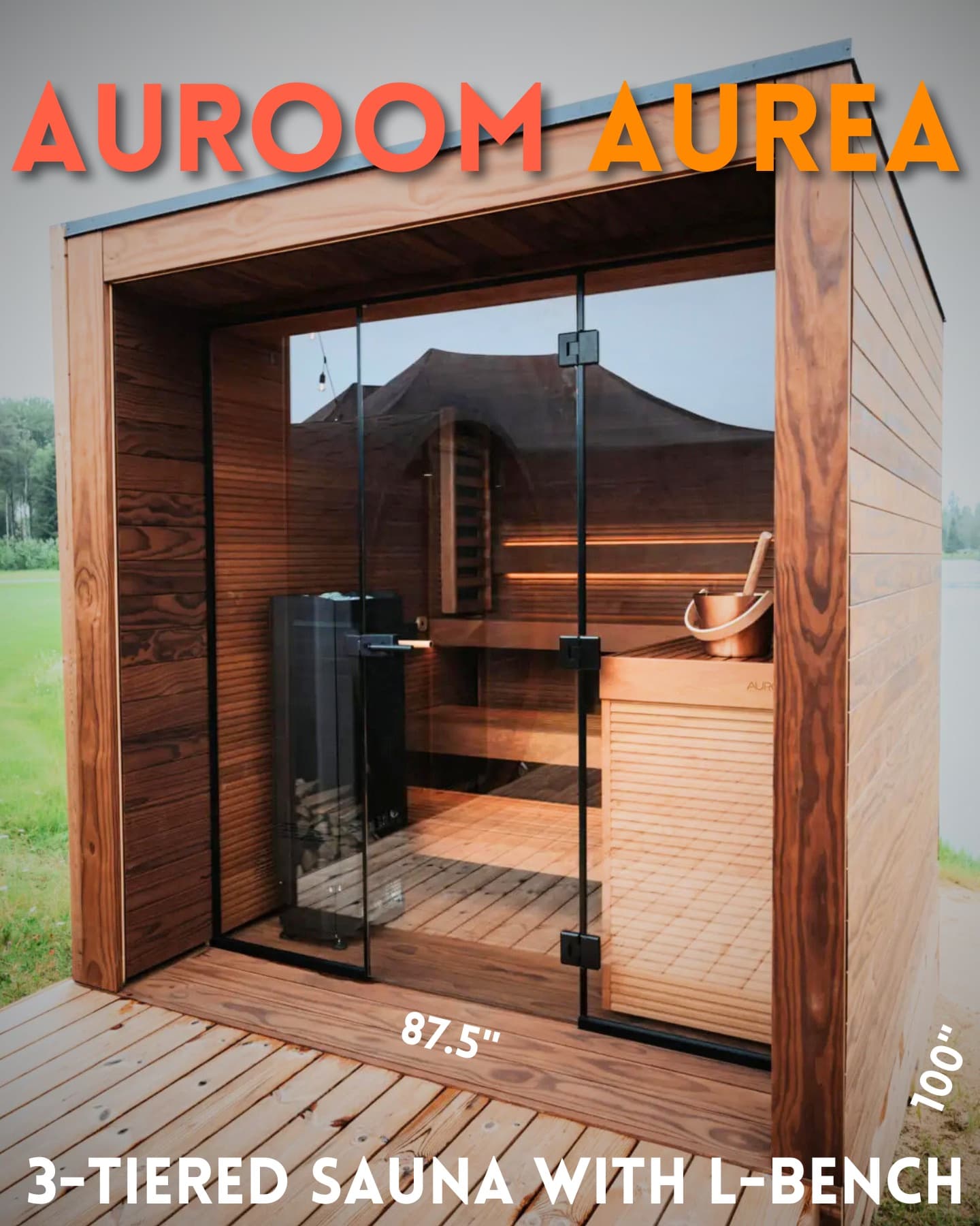 Auroom Aurea outdoor sauna with porch, overhang, and L-shaped benches