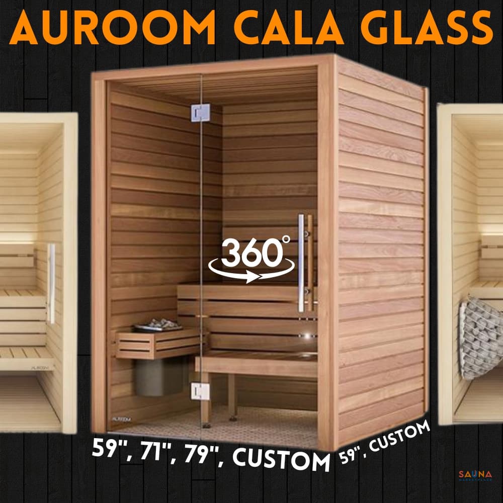 Auroom Cala Glass indoor sauna in thermo-aspen with glass front