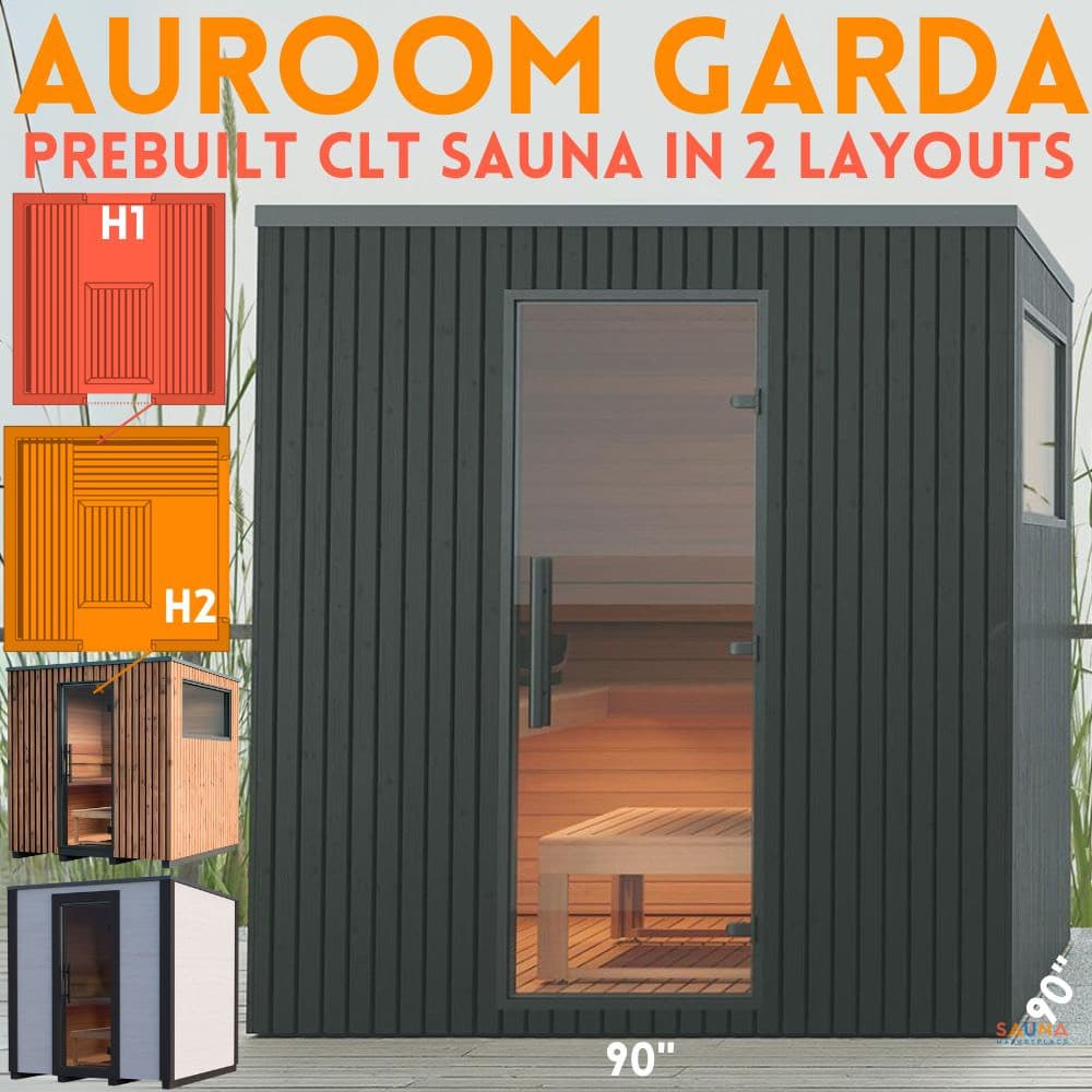 Auroom Garda prebuilt outdoor sauna in black with a rear window