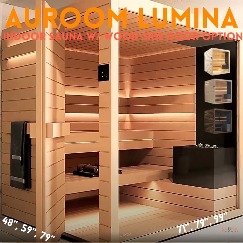 Auroom Lumina indoor sauna cabin with three-dimensional wood wall pattern
