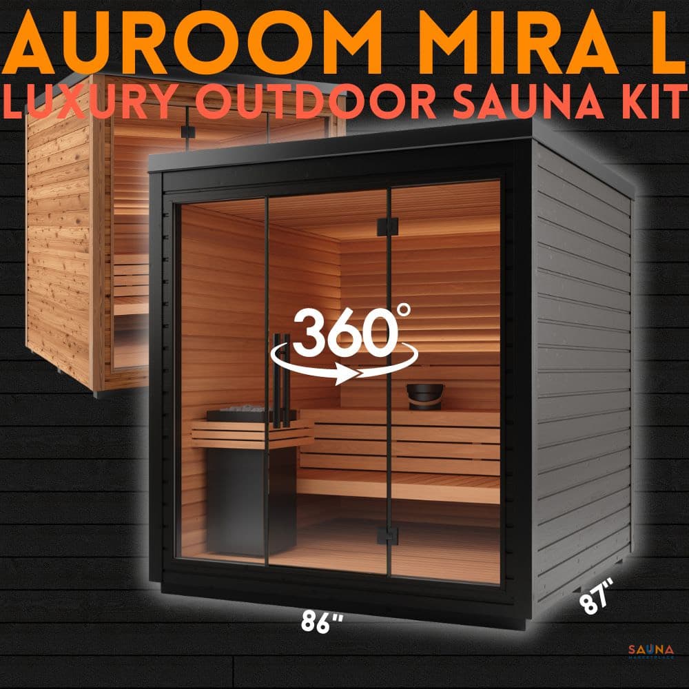 Auroom Mira L outdoor sauna with black cladding and full glass front