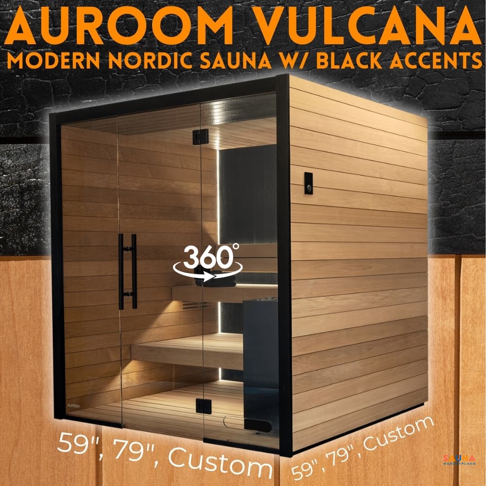 Auroom Vulcana indoor sauna with black textured exterior and warm wood interior