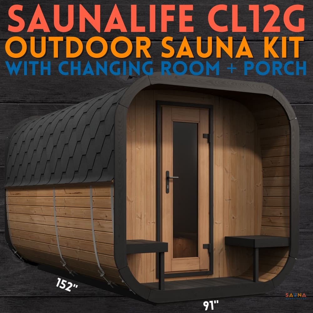 SaunaLife CL12G large outdoor sauna with changing room and covered porch