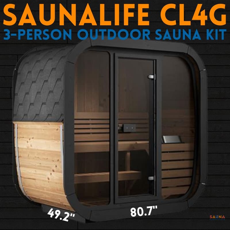 SaunaLife CL4G three-person outdoor cube sauna kit with panoramic glass