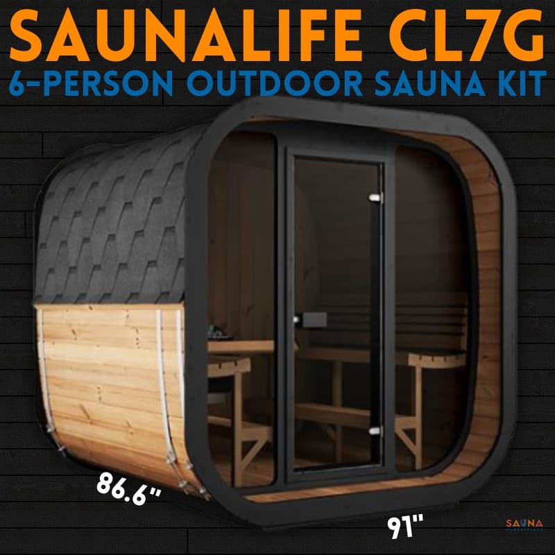 SaunaLife CL7G six-person outdoor cube sauna with full glass front