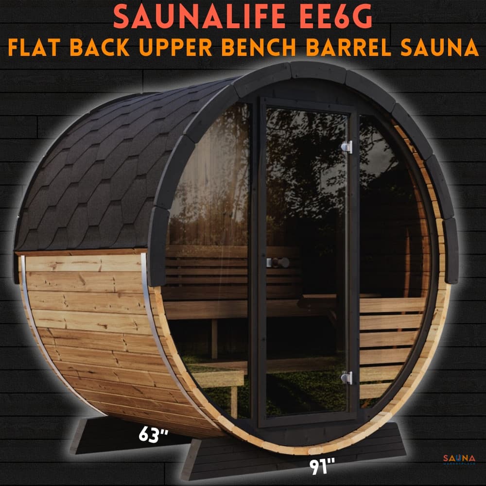 SaunaLife EE6G wide barrel sauna with full glass front and raised benches