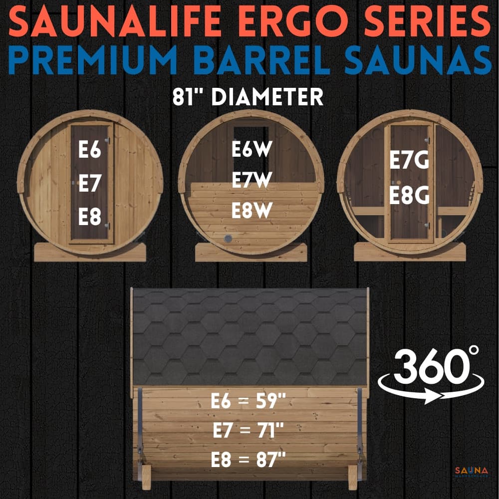 SaunaLife Ergo Series outdoor barrel sauna kit in thermally modified wood