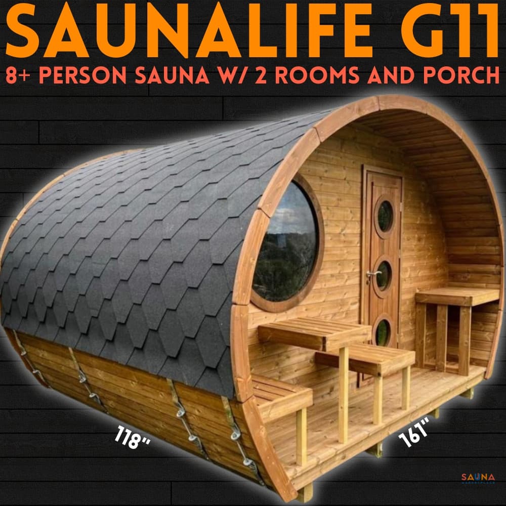 SaunaLife G11 two-room outdoor pod sauna with porch and round windows