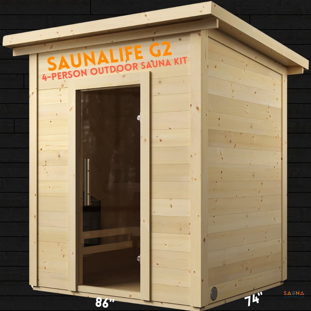 SaunaLife G2 compact outdoor sauna cabin kit in natural spruce