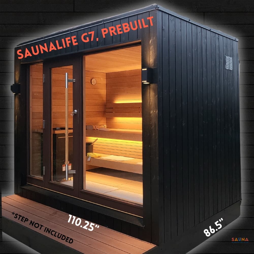 SaunaLife G7 large prebuilt outdoor sauna with broad glass wall
